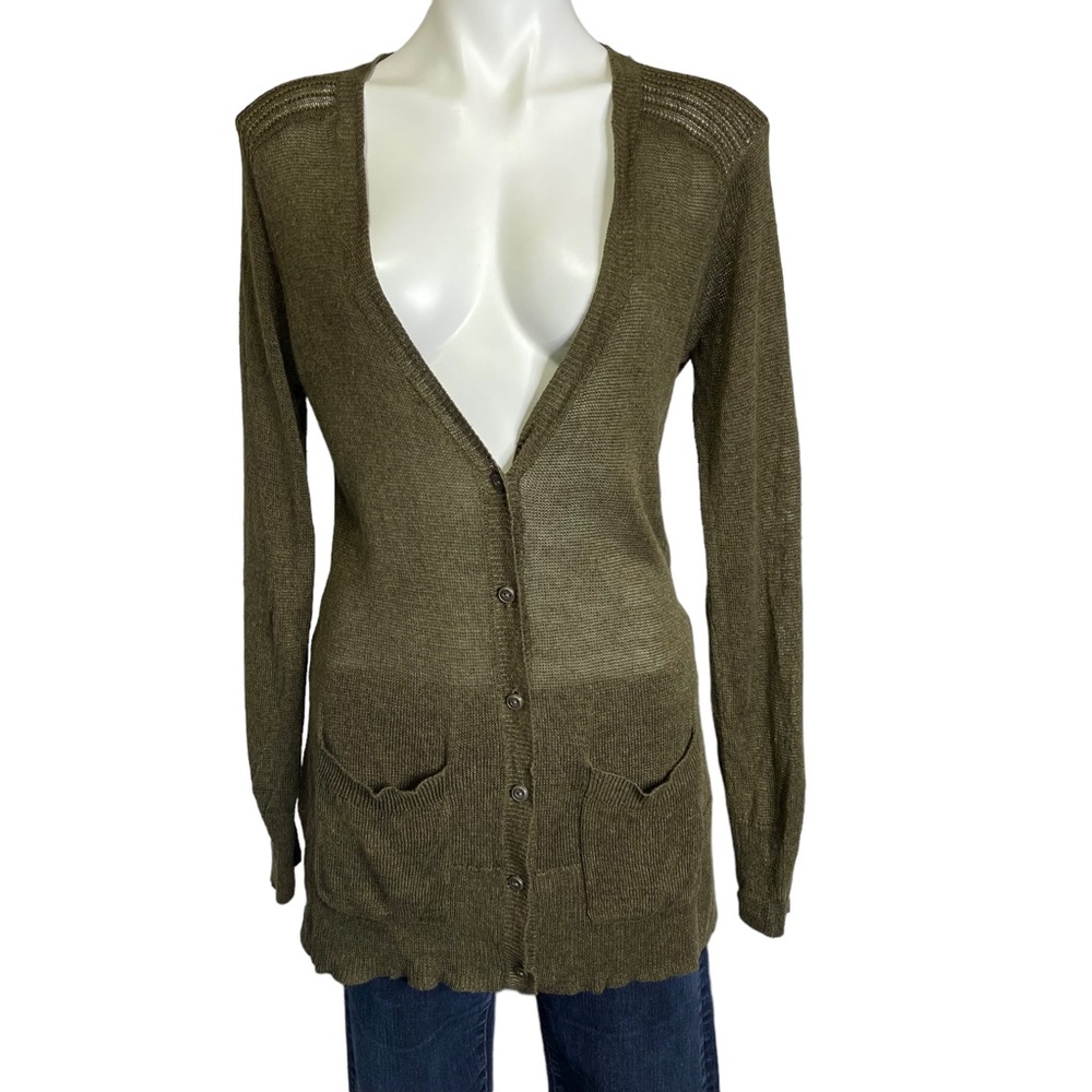 EDDIE BAUER 100% Linen Cardigan Sweater Long Button Up Army Green Medium